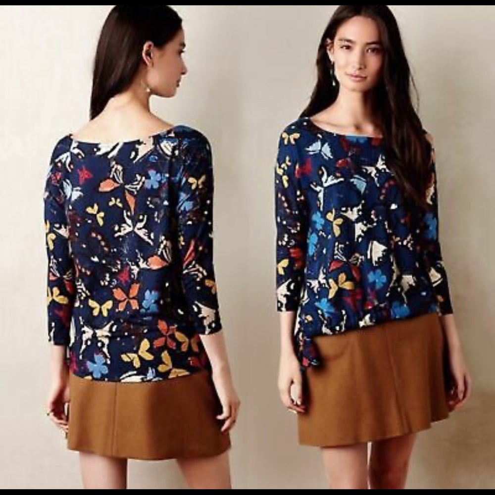 Anthropologie Weston Blue Butterfly blouse w/ tie
